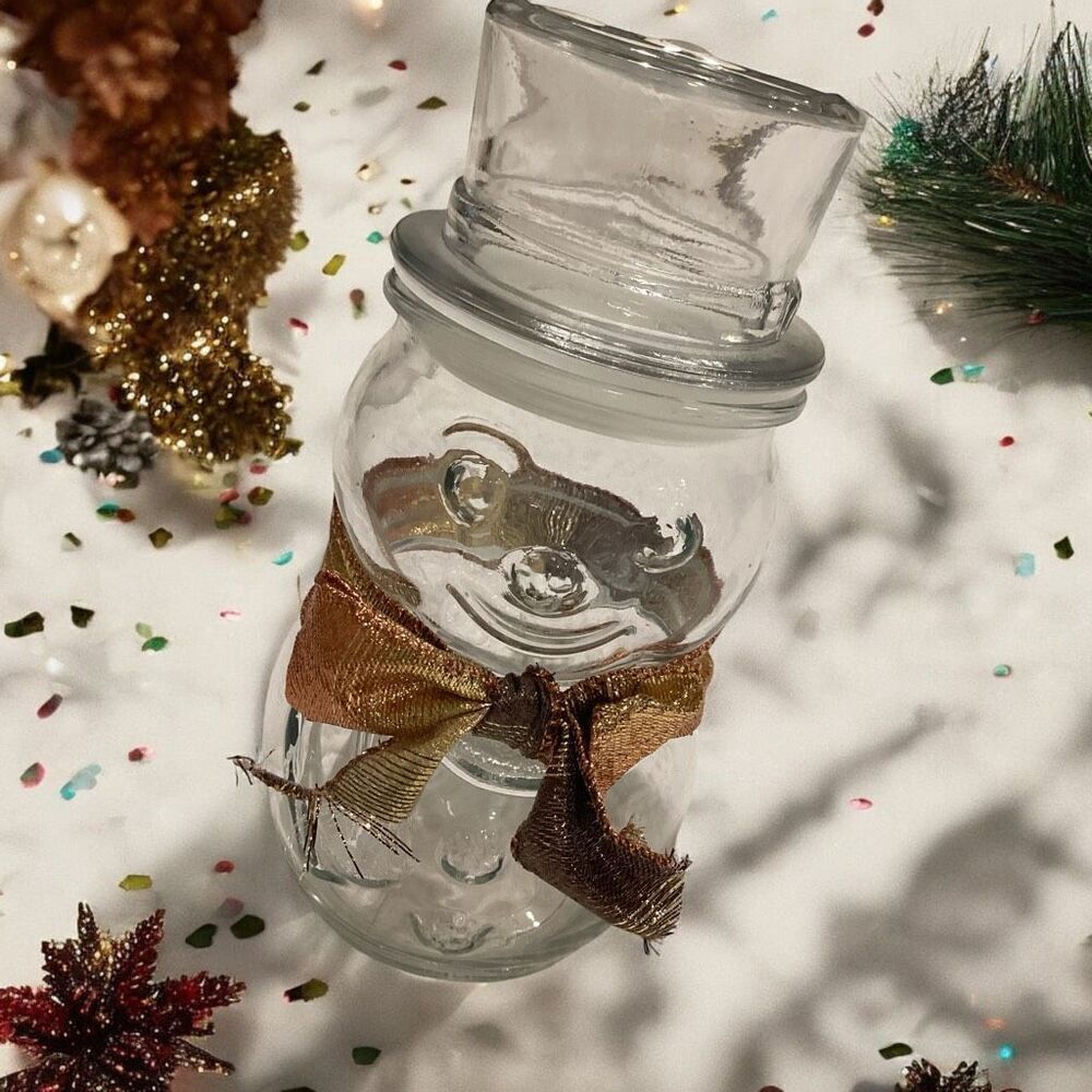 Vintage Clear Glass Snowman Shape Christmas Cookie / Candy Jar